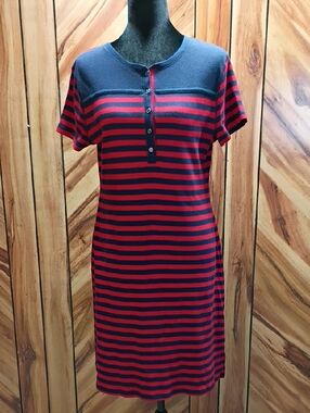 Chaps 100% Cotton Red And Navy Striped Tunic Dress Size L
